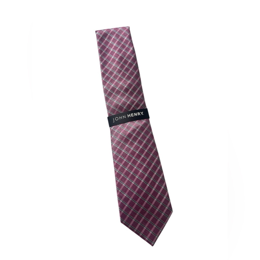 NWT John Henry Mens Pink, Black And White Plaid Pointed Necktie New With Tags